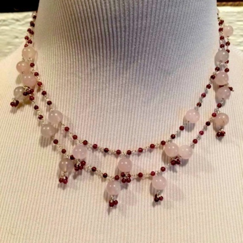 Artisan Necklace Rose Quartz Garnet 925 Sterling Silver 18”